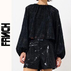 FRNCH PARIS EDMEE BLACK TEXTURED JACQUARD CROPPED BLOUSE WITH BALLOON SLEEVES